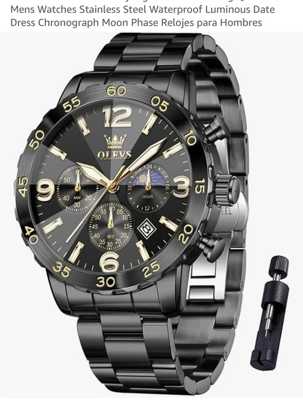 OLEVS Black and Gold Chronograph Watch with Multi Features